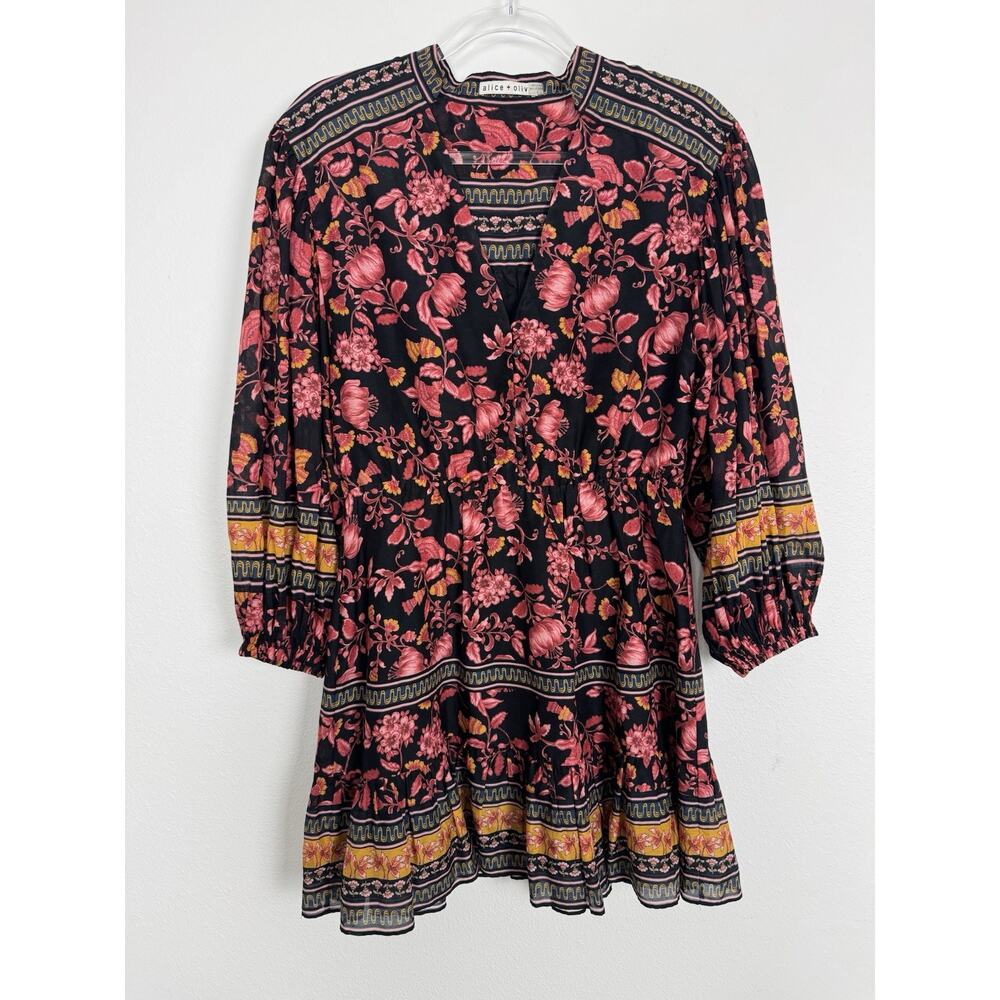 Alice + Olivia Floral Mini Dress Women’s 6 Mandarin Collar Balloon Sleeve Sedona - Picture 9 of 13